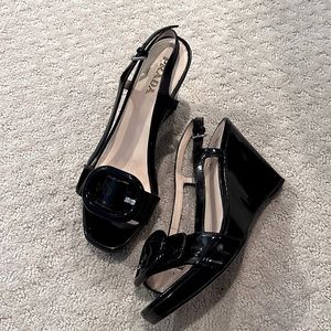 Prada Black patent leather wedges with buckle